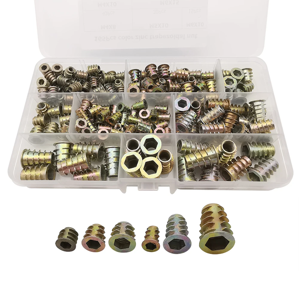 

165Pcs Threaded Insert Nut Wood Bolt Fastener Zinc Alloy M4/M5/M6/M8 Furniture Inserts Hexagon Socket Assortment Tool Kit