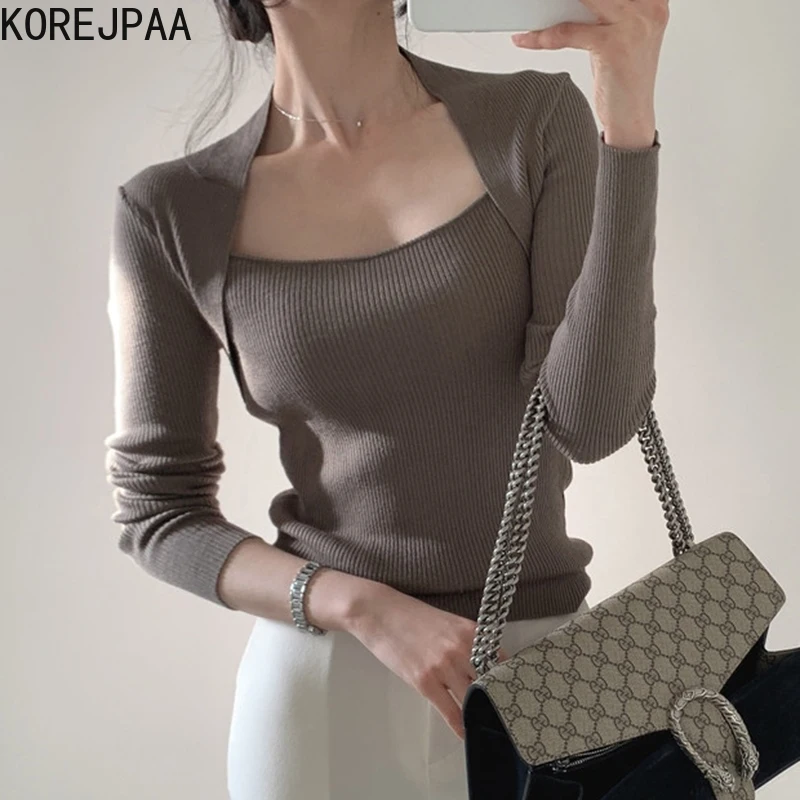 

Korejpaa Women Cardigan 2021 Autumn Korea Temperament Ladies Square Collar Clavicle Slim-Fit Inner Long-Sleeved Knitted Sweaters