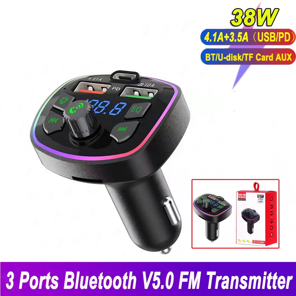 

FM Transmitter Bluetooth 18W PD+Dual USB 3.1A Car Charger Handsfree TF Card U-Disk AUX Music Playing Kit For Radio All Phones