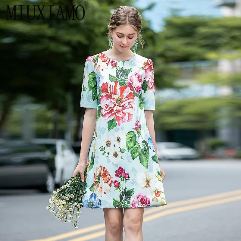 

MIUXIMAO 2020 Fall Dress Newest Arrival Fashion Half Sleeve Slim Flower Above Knee Tank vintage White Dress Women Vestidos