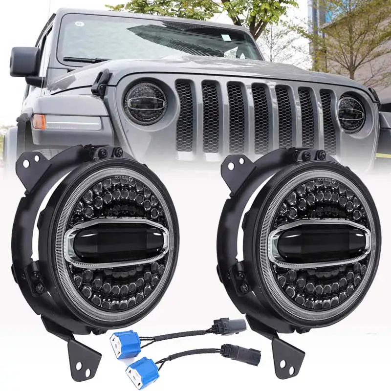 Для Jeep Wrangler JL 2019 7 дюймов фара + 9 черный Кронштейн Halo Круглый светодиодный фонарь с