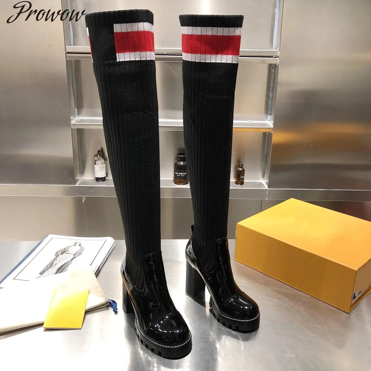 Prowow Over-The-Knee Boots Winter New Women Shoes Patent Leather Knitted Socks Stretch Boots Slip-on Super High Heels Size 35-41
Prowow Over-The-Knee Boots Winter New Women Shoes Patent Leather Knitted Socks Stretch Boots Slip-on Super High Heels Size 35-41