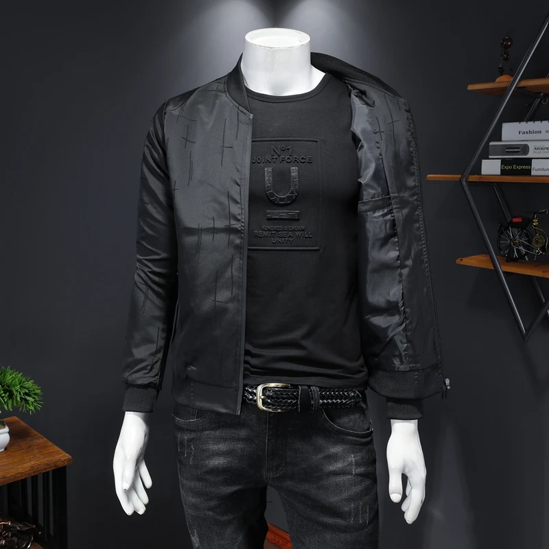 Men Stand Collar Jacket Geometric Pattern Decoration Zipper Spring Autumn New Black White Long-Sleeve Male Outerwear Korean 
Men Stand Collar Jacket Geometric Pattern Decoration Zipper Spring Autumn New Black White Long-Sleeve Male Outerwear Korean