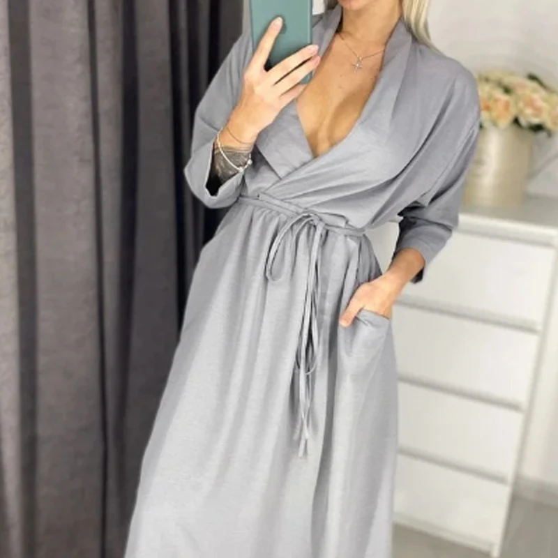 Women Casual A Line Sashes Long Dress V-neck Front Pockets Three Quarter Sleeve Dresses Autumn Vintage OL Fashion Women Dress
Women Casual A Line Sashes Long Dress V-neck Front Pockets Three Quarter Sleeve Dresses Autumn Vintage OL Fashion Women Dress