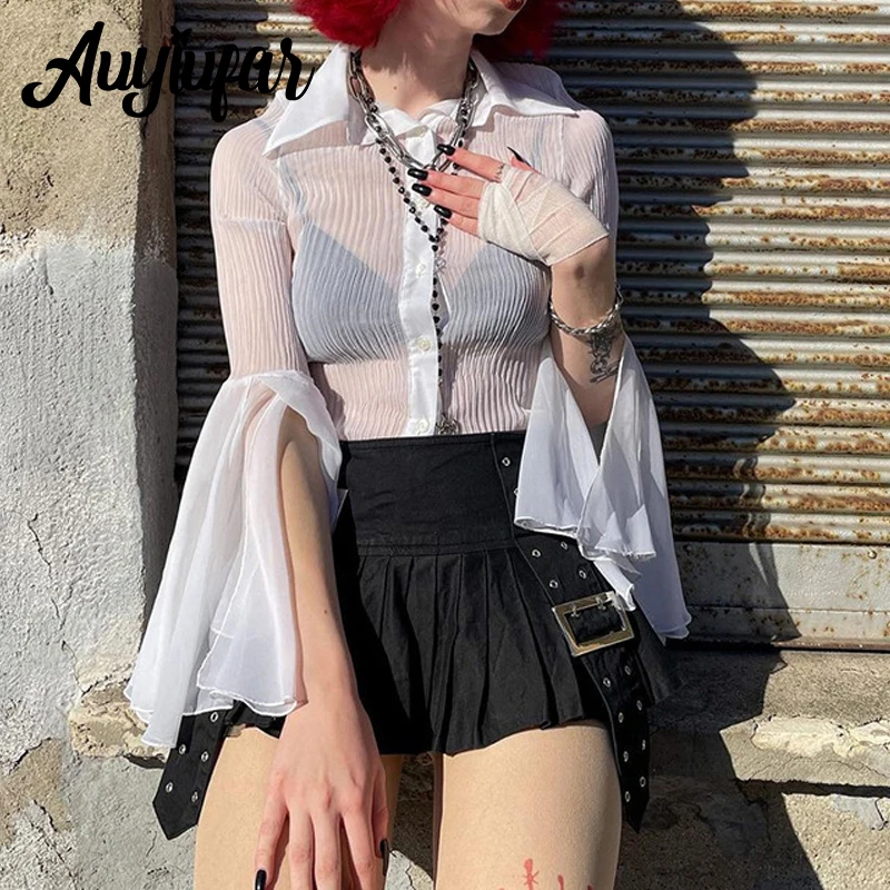 Auyiufar Solid Sexy Grunge Fairycore Flare Sleeve Blouses Y2k Gothic See Through Split Button Casual Top Girl Fall Fashion Cloth
Auyiufar Solid Sexy Grunge Fairycore Flare Sleeve Blouses Y2k Gothic See Through Split Button Casual Top Girl Fall Fashion Cloth