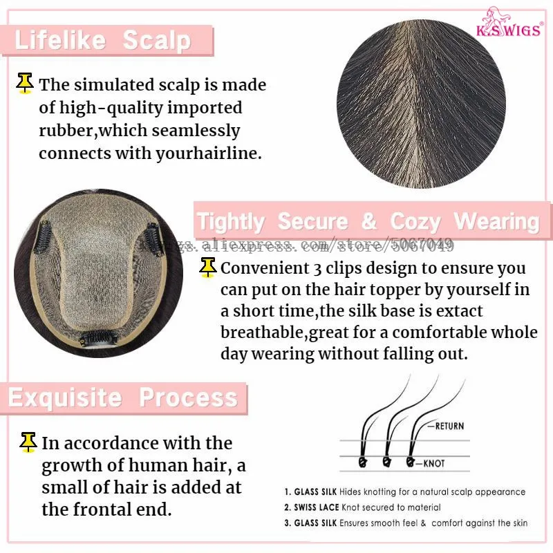 Парики K.S 13x14 см на шелковой основе Топпер для женщин выпадение волос прямые
