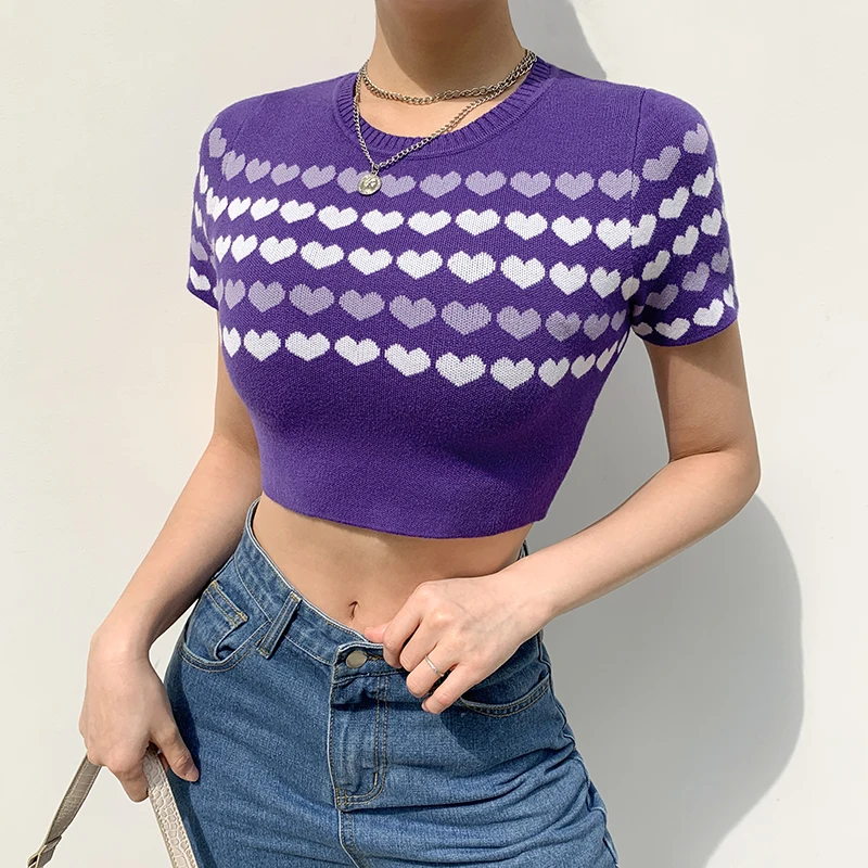 Kawaii Heart Print Y2k Knit T-Shirts Girls Short Sleeve Female 2021 Summer O-Neck Slim Crop Top Purple Soft Tee Shirt Stretch
Kawaii Heart Print Y2k Knit T-Shirts Girls Short Sleeve Female 2021 Summer O-Neck Slim Crop Top Purple Soft Tee Shirt Stretch
