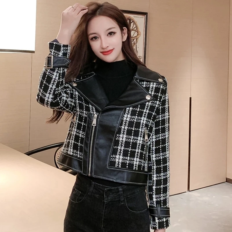 Harajuku Women Lattice Stitching PU Leather Coat Fashion Streetwear Spring Autumn Korean Motorcycle Female Short Woolen Jacket
Harajuku Women Lattice Stitching PU Leather Coat Fashion Streetwear Spring Autumn Korean Motorcycle Female Short Woolen Jacket