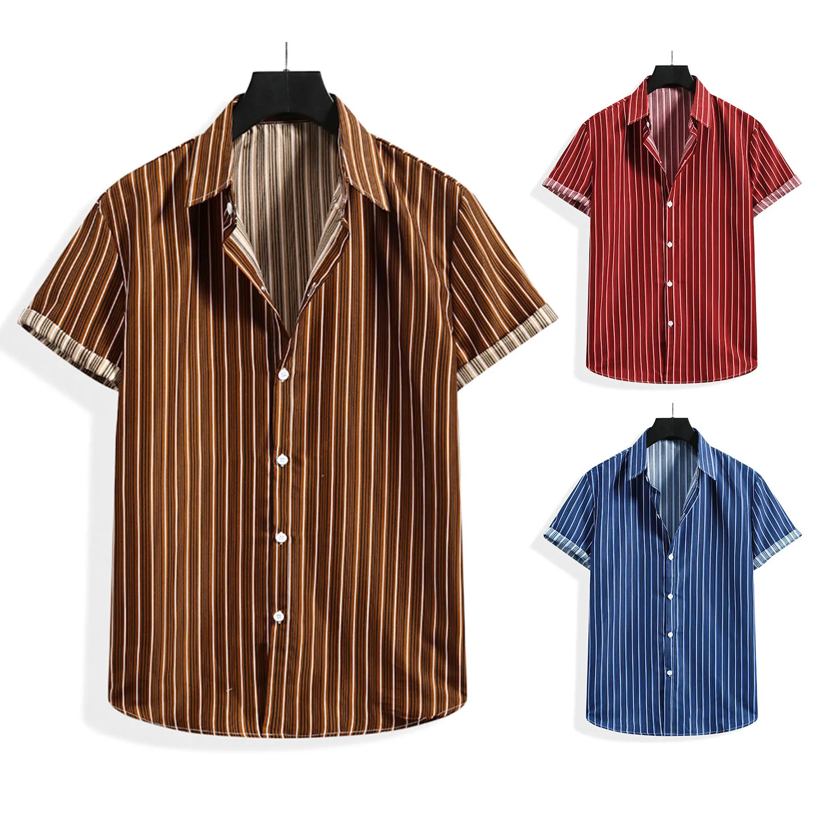

Turn-Down Collar Blusa Stretwears shirts for men Summer Casual Striped Shirt Short Sleeve Top Blouse Oversized Beach Shirts
