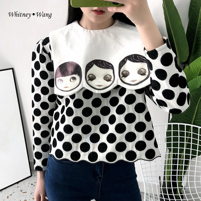 WHITNEY WANG блузки 2020 Весенняя мода в горошек вязанные стиле пэчворк милый матросский