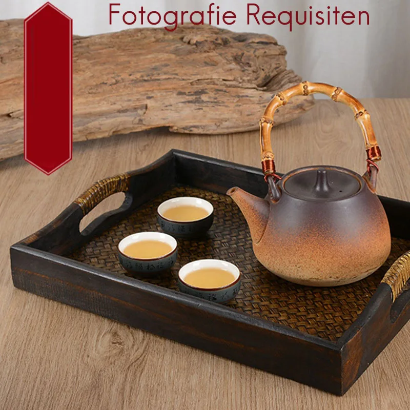 3PCS Retro Wood Serving Tray Rattan Tray Serving Dinner Plate Snack Dessert Snack Serving Tray Food Fruit Tray Wood