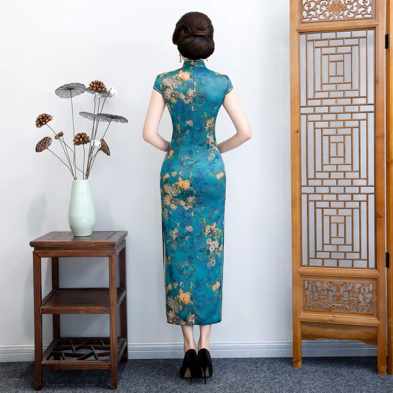 Женское длинное платье Ципао винтажное из искусственного шелка в традиционном
