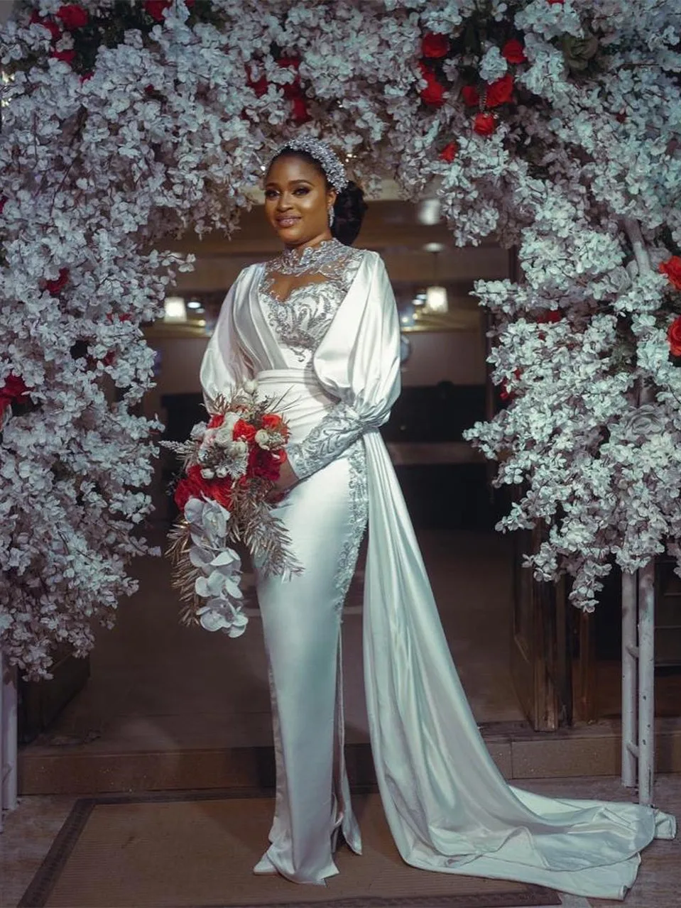 Luxury Wedding Dresses Puffy Long Sleeves O Neck Satin Beaded Crystal Aso Ebi Bridal Gowns Mermaid Shape With Train
Luxury Wedding Dresses Puffy Long Sleeves O Neck Satin Beaded Crystal Aso Ebi Bridal Gowns Mermaid Shape With Train