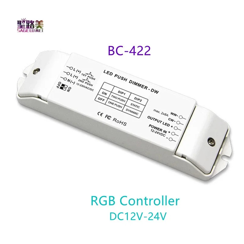 BC-422 RGB Controller 8A*2CH PWM Constant Voltage DIP CT Switch and Duplex Push Dim Button Input output DC12V-24V for led strip
BC-422 RGB Controller 8A*2CH PWM Constant Voltage DIP CT Switch and Duplex Push Dim Button Input output DC12V-24V for led strip
