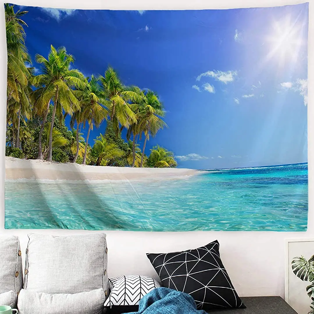 

Настенный гобелен с изображением пальмы, океана, пляжа, для спальни, в эстетике, природный голубой искусственный пейзаж