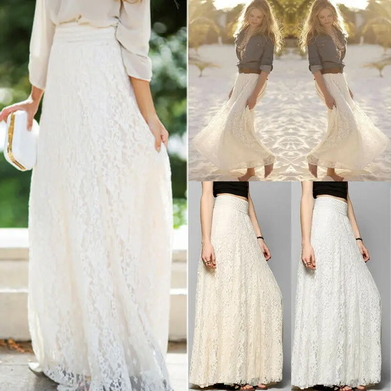 Long Elegant Skirt Female Elastic High Waist Non-transparent Boho Solid Summer Maxi Skirts Lace Casual White Beige | Женская одежда
