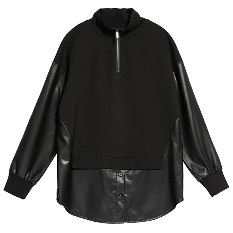Zipper Big Women Size Black Pu Leather Spliced T-shirt New Stand Collar Long Sleeve Fashion Spring Autumn 2021 1DD0233
Zipper Big Women Size Black Pu Leather Spliced T-shirt New Stand Collar Long Sleeve Fashion Spring Autumn 2021 1DD0233