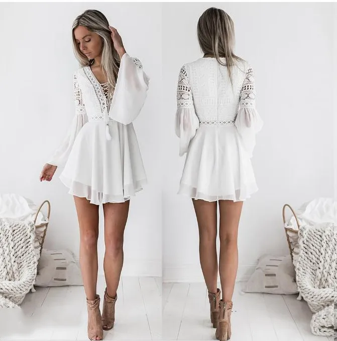 Hollow Out Chiffon Dress Sexy Women Mini Dress Cross Bandage Lace Semi-sheer Plunge V-Neck Long Sleeve Dress Black/White
Hollow Out Chiffon Dress Sexy Women Mini Dress Cross Bandage Lace Semi-sheer Plunge V-Neck Long Sleeve Dress Black/White