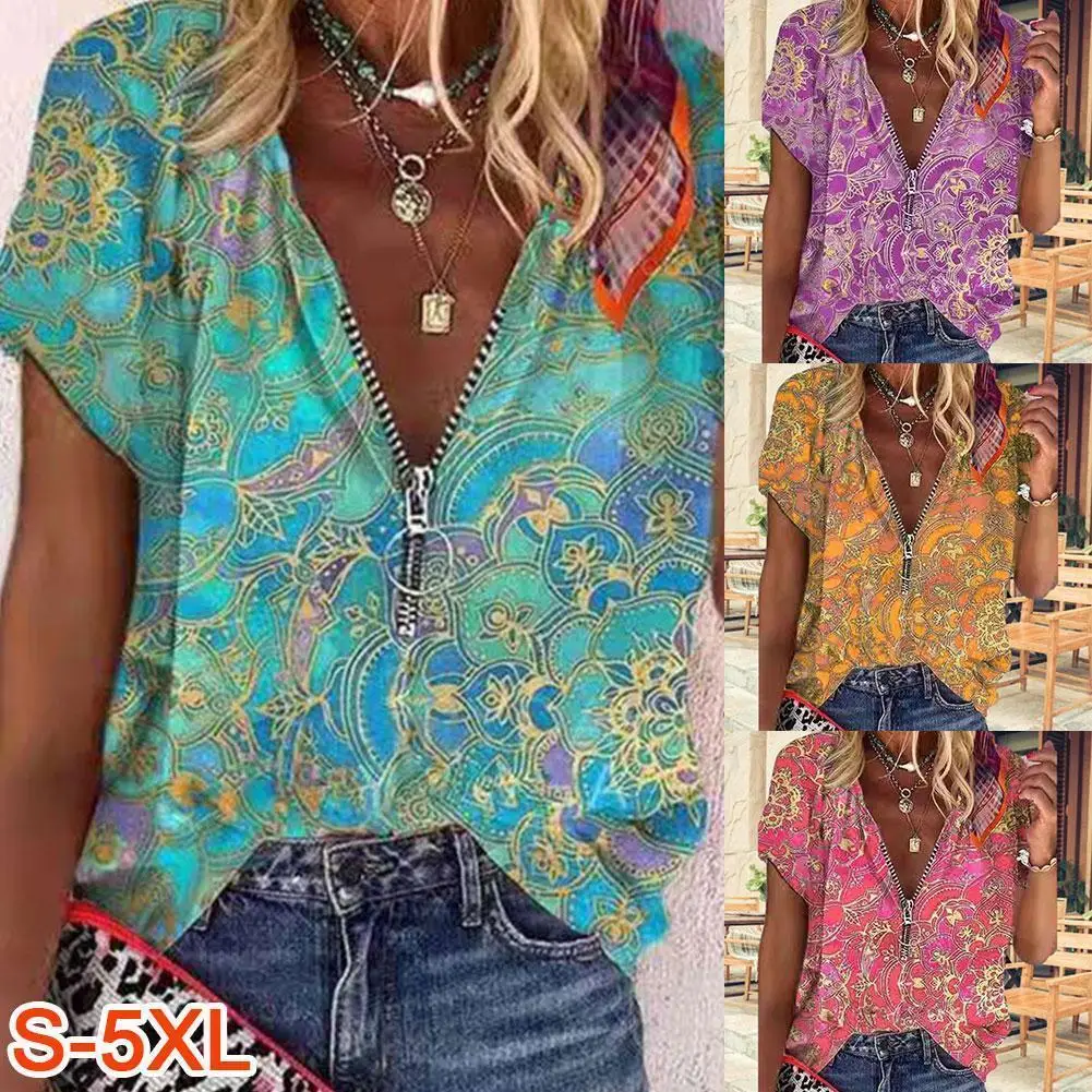 Women's Fashion Loose Casual Floral Print Short Sleeves Summer Plus Tshirt V-neck Size Vintage Printed Zipper Shirt Abba T Shirt
Women's Fashion Loose Casual Floral Print Short Sleeves Summer Plus Tshirt V-neck Size Vintage Printed Zipper Shirt Abba T Shirt