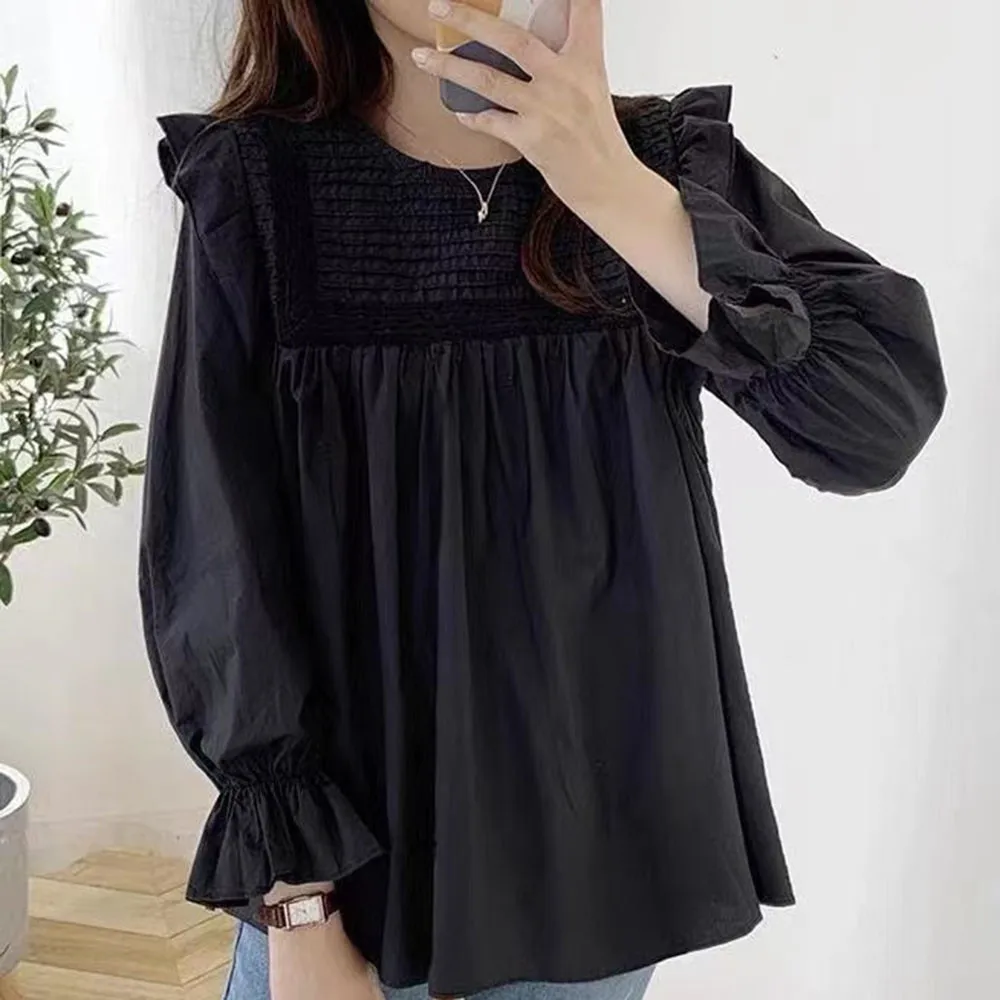 Autumn New 2021 Solid Color Blouse Folds Fungus Puff Sleeve Round Neck Cute Korean Fashion Women Pullover
Autumn New 2021 Solid Color Blouse Folds Fungus Puff Sleeve Round Neck Cute Korean Fashion Women Pullover