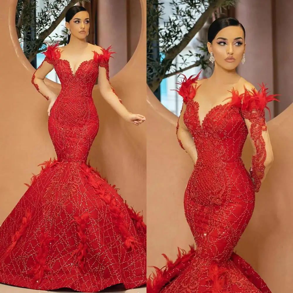 2020 New Evening Dresses V Neck Long Sleeve Appliques Feather Mermaid Prom Gowns Custom Made Sweep Train Special Occasion Dress
2020 New Evening Dresses V Neck Long Sleeve Appliques Feather Mermaid Prom Gowns Custom Made Sweep Train Special Occasion Dress