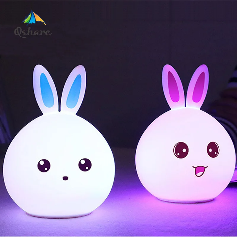 Фото Светодиодный ночник Qshare в виде кролика цветная силиконовая прикроватная лампа с
