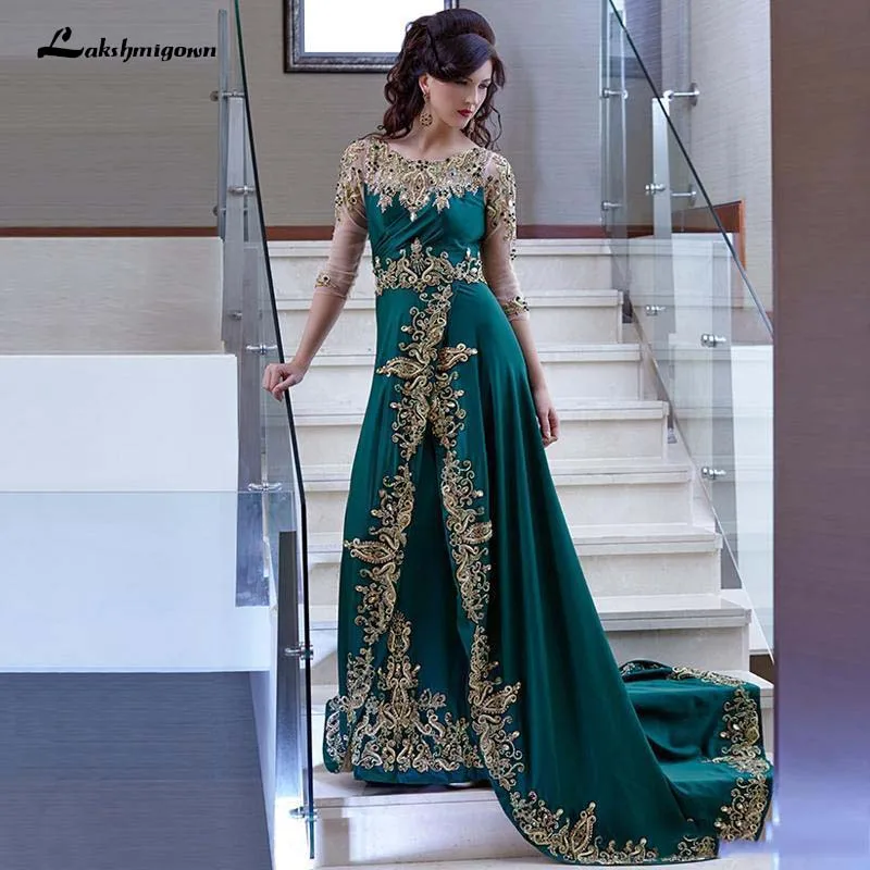 

Emerald Green Gold Lace Mother of the Bride Dresses Half Sleeve Party Dress Applique Beaded Celebrity Evening Gowns