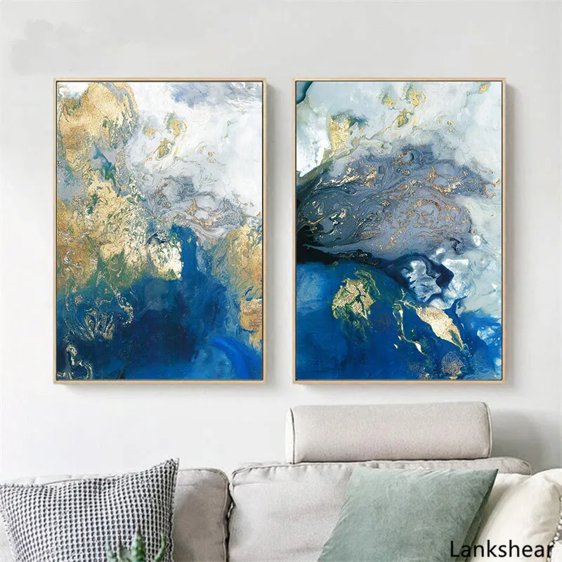 Настенный постер синего и золотого цвета с современным абстрактным океаном