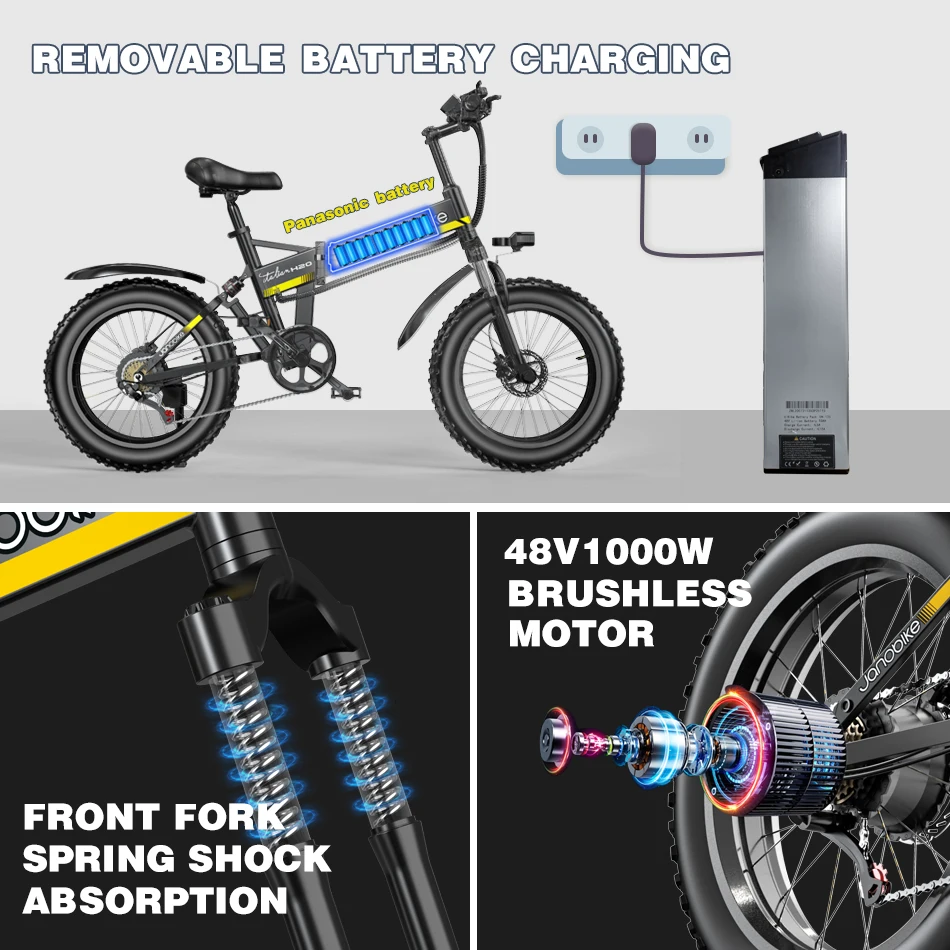 Janobike 1000W 48V Electric Bicycle Dual Hydraulic Brake E-Bike with Panasonic Battery 4.0 Fat Tire Booster Folding Bike 
Janobike 1000W 48V Electric Bicycle Dual Hydraulic Brake E-Bike with Panasonic Battery 4.0 Fat Tire Booster Folding Bike