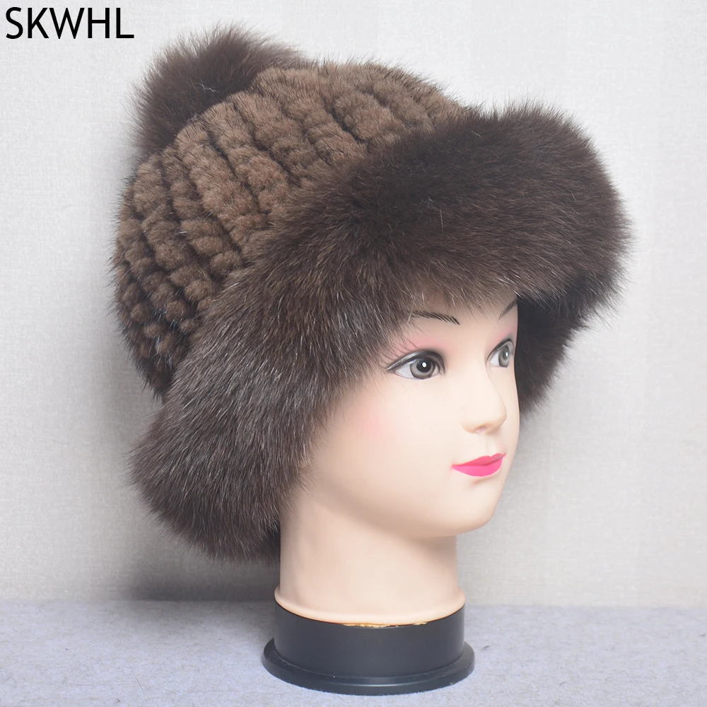 Lady Winter Outdoor Luxury Knitted Real Genuine Fox Fur Balls Hats Women Mink Caps Beanies Hat Skullies | Аксессуары для одежды