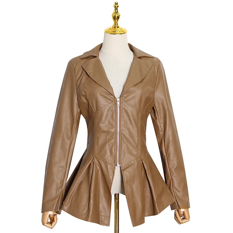 New fashion temperament street handsome suit collar zipper stitching hem ruffled pu leather coat
New fashion temperament street handsome suit collar zipper stitching hem ruffled pu leather coat