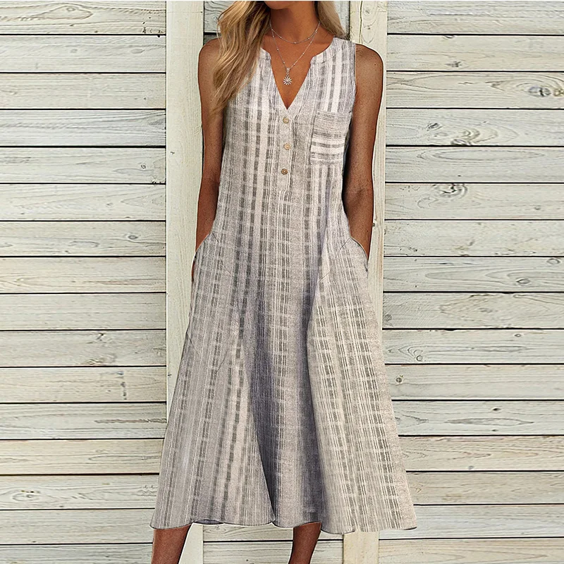Women Summer V-neck Sleeveless Loose Casual Midi Dress