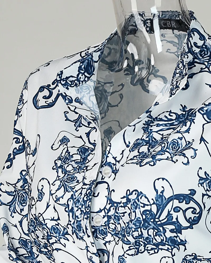 Women Print 2 Pieces Set Suits Turn-down Collar Long Sleeve Blouse Top and Shorts Without Belt
Women Print 2 Pieces Set Suits Turn-down Collar Long Sleeve Blouse Top and Shorts Without Belt