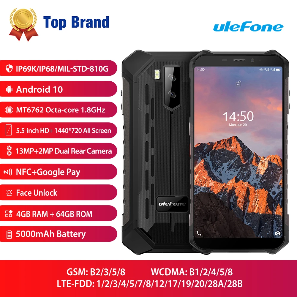 

4GB 64GB Ulefone Armor X5 Pro Android 10 Smartphone NFC 4G LTE Mobile Phone Rugged Waterproof IP68 MT6762 Cell Phone Octa core