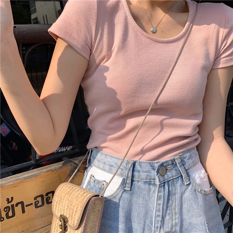 Basic Style Solid Color Short-Sleeved T-shirt Women's Summer 2021 New Student Wear Slim Hong Kong Style Pink Top Ins Fashion
Basic Style Solid Color Short-Sleeved T-shirt Women's Summer 2021 New Student Wear Slim Hong Kong Style Pink Top Ins Fashion