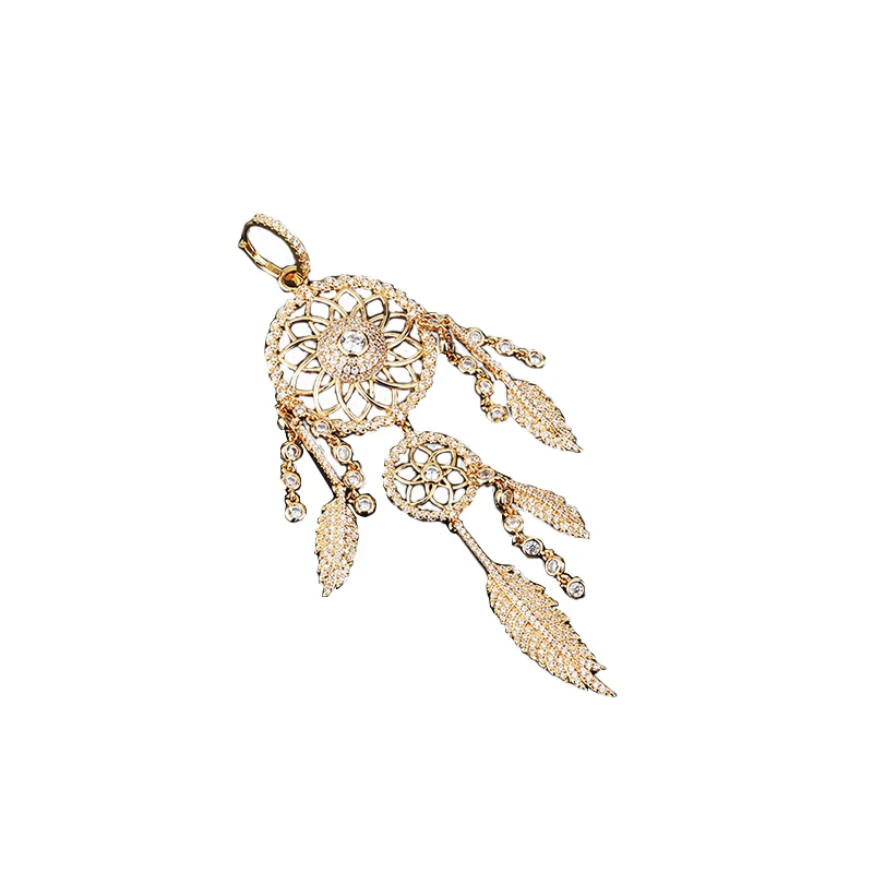 

S925 Sterling Silver Luxury Monaco Jewelry Inlaid Dream Catcher Asymmetrical Leaf Long Feather Ear Hook Earring Necklace Trend