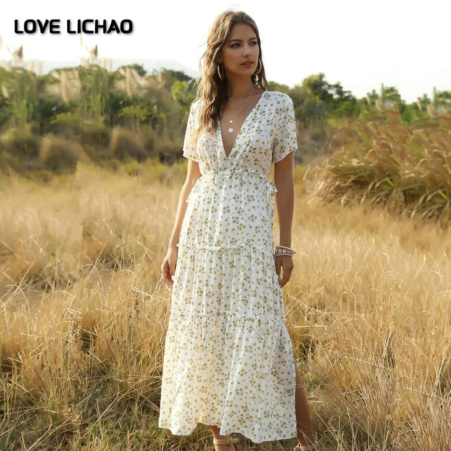 Summer Dress 2021 New Womens Ruffled Floral Bohemian Dress White V-neck Print Long Dress Casual Short Sleeve Yellow Maxi Dress
Summer Dress 2021 New Womens Ruffled Floral Bohemian Dress White V-neck Print Long Dress Casual Short Sleeve Yellow Maxi Dress