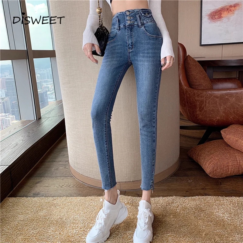 High Waist Solid Blue Jeans Woman Korea Skinny Split Button Jeans Women Casual Slim Stretch Frayed Women's Jeans 2021 
High Waist Solid Blue Jeans Woman Korea Skinny Split Button Jeans Women Casual Slim Stretch Frayed Women's Jeans 2021