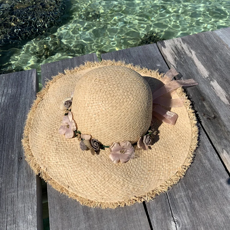 

Lafite grass shading straw hat women summer vacation photos flowers travel Sen Department of beach hat sun protection
