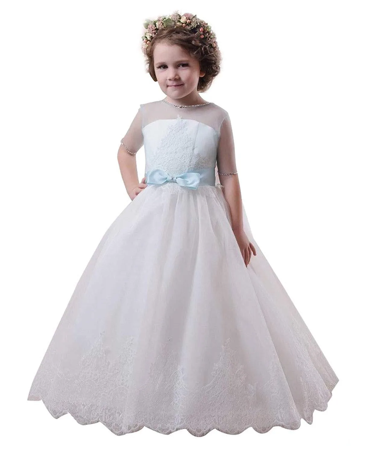 Cute Flower Girl Dress for Wedding Applique Lace Half Sleeve Sheer Top Kids First Communion Dress
Cute Flower Girl Dress for Wedding Applique Lace Half Sleeve Sheer Top Kids First Communion Dress