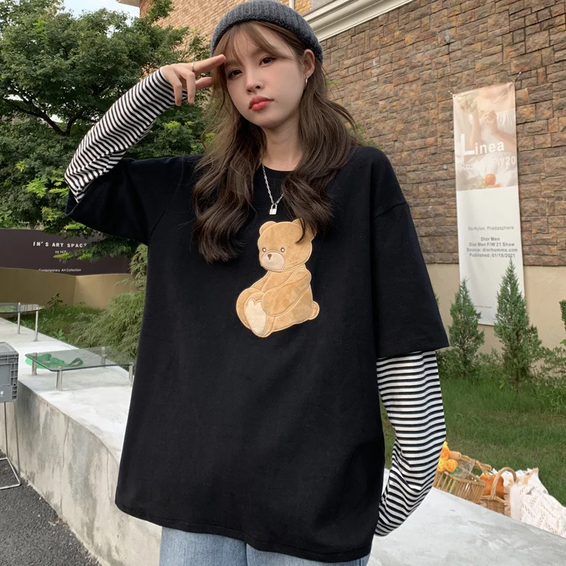 Striped Bear Fake Two-Piece Long-Sleeved T-shirt for Women 2021 Loose Korean Style Harajuku Style Chic Hong Kong Style Early.Kio
Striped Bear Fake Two-Piece Long-Sleeved T-shirt for Women 2021 Loose Korean Style Harajuku Style Chic Hong Kong Style Early.Kio