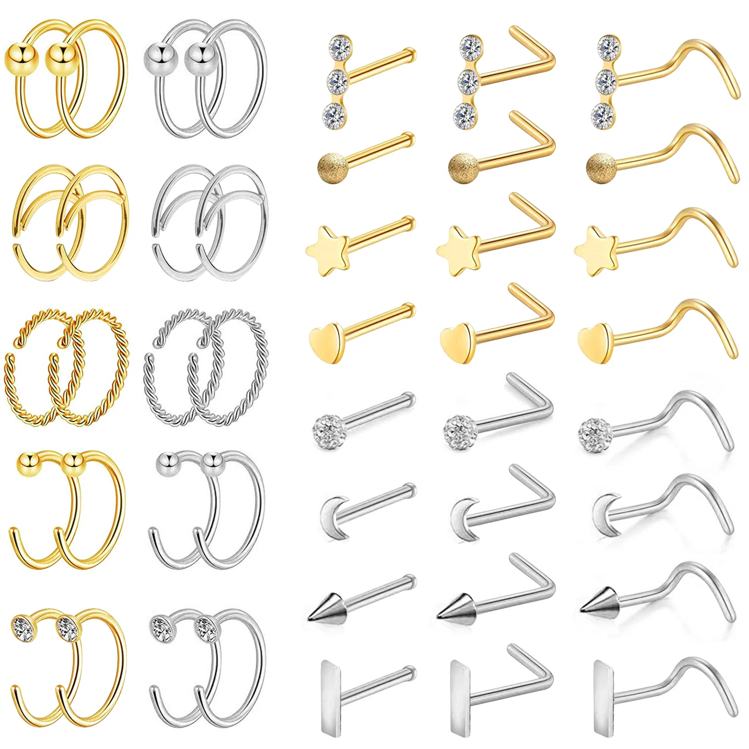 ZS 44pcs Nose Studs Set Stainless Steel Nose Hoops Golden White Nose Piercing Rings Set 20G Nose Piercing Studs Septums Set
ZS 44pcs Nose Studs Set Stainless Steel Nose Hoops Golden White Nose Piercing Rings Set 20G Nose Piercing Studs Septums Set