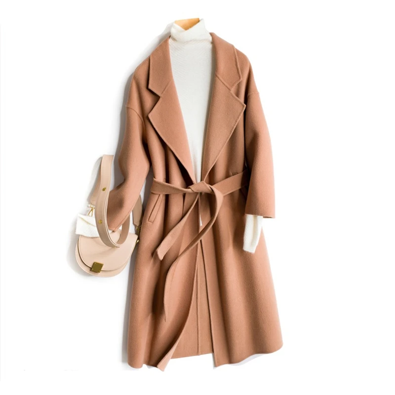 

Женское двухстороннее шерстяное пальто, Элегантное Длинное офисное пальто с поясом, Осень-зима 2020