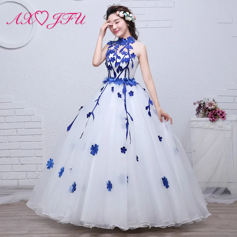 AXJFU luxury princess white lace blue flower evening dress vintage high neck beading host ball gown stage bride evening dress
AXJFU luxury princess white lace blue flower evening dress vintage high neck beading host ball gown stage bride evening dress