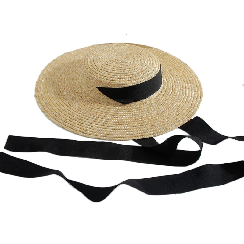 

Womens Summer Large Wide Brim Flat Top Straw Sun Hat Vintage Long Ribbon Chin Strap Travel Sunscreen Floppy Beach Cap 066F