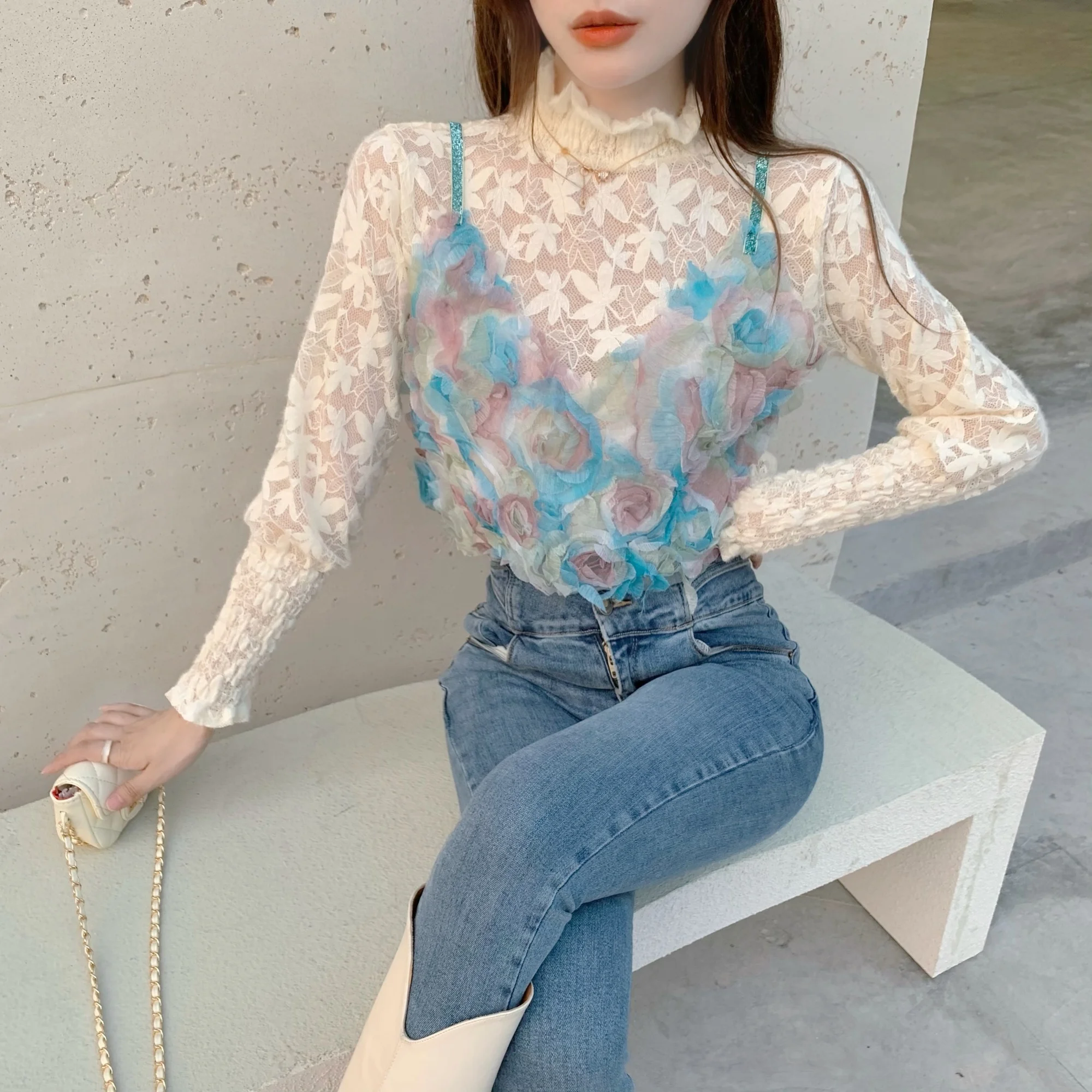 

Western Style Youthful-looking Half Turtleneck Brushed Lace Bottoming Shirt Outer Lace Strap Thin Small Shirt Top Women's Kio