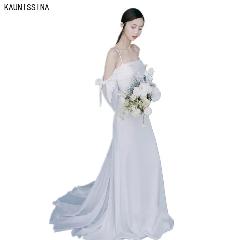 KAUNISSINA Boho Wedding Dress Long Sleeve A-Line Backless Simple Court Train Marriage Robe De Mariee White Charming Bridal Gowns