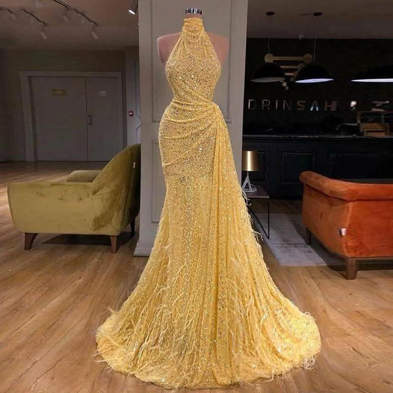 Sparkling Light Yellow Sequined Feather Evening Dresses Look Slim Design Ruffles Prom Gown Formal Party Dress vestido Robe
Sparkling Light Yellow Sequined Feather Evening Dresses Look Slim Design Ruffles Prom Gown Formal Party Dress vestido Robe