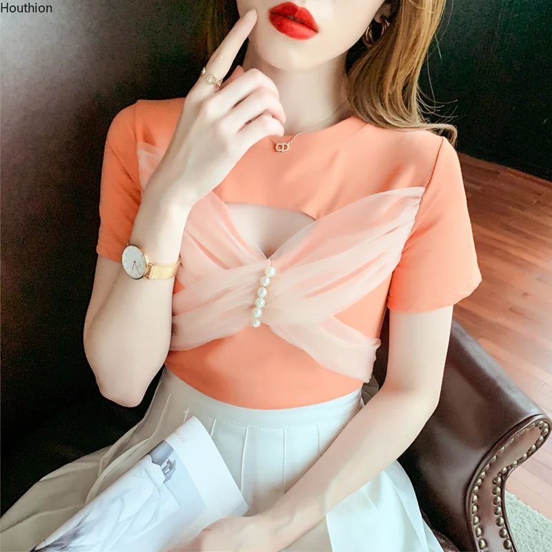 Women's T-shirt Solid Color Top Casual Tees Fashion T Shirt New Tops Slim Splicing O-collar Hollow Out Short Sleeve
Women's T-shirt Solid Color Top Casual Tees Fashion T Shirt New Tops Slim Splicing O-collar Hollow Out Short Sleeve