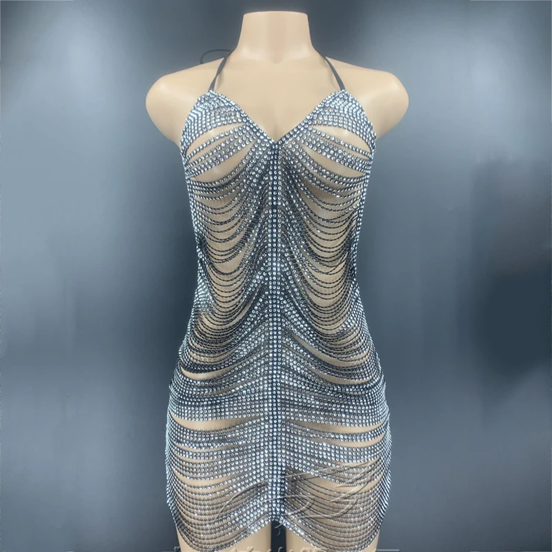 Sexy Black Transparent Elastic Hollow Dress Rhinestone Tassel Short Dress Stage Performance Costume Festival Clothing XS2554
Sexy Black Transparent Elastic Hollow Dress Rhinestone Tassel Short Dress Stage Performance Costume Festival Clothing XS2554